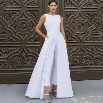 Elegant Wedding Jumpsuits For Bride With Skirt Pockets A-Line Bridal Pants Sleeveless Satin Vestido De Novia wedding dress White Floor Length