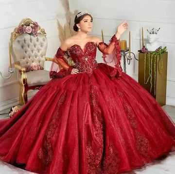 Quince Dress | Glittering Burgundy Quinceanera Dresses Party Gowns Vestidos De 15 Anos Sexy Puffly Sleeves Applique Birthday