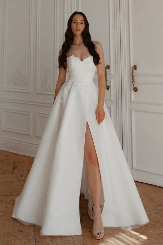 Floral Lace with Detachable Sleeves Wedding Dress Mermaid Simple Bow Princess Satin Vestido De Novia Skirt Court Train Dress Bridal Gown Satin