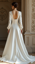 Luxury satin bridal gown featuring a square open-back design, romantic long sleeves, and a flowing A-line skirt – an impeccable choice for a royal-inspired wedding. | فستان زفاف فاخر مكشوف الظهر بتصميم مربع وأكمام طويلة منفوخة لمظهر ملكي راقٍ | Vestido de novia con espalda cuadrada descubierta y mangas largas románticas – una opción sofisticada para una boda de ensueño. | Robe de mariée en satin avec dos carré ouvert, manches longues et traîne fluide – idéale pour une cérémonie prestigieuse.

