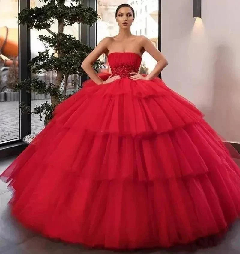 Quince Dress | Strapless Ball Gown Quinceanera Dresses Vestidos De 15 Anos Fashion Stratification Skirt Princess Party Gowns