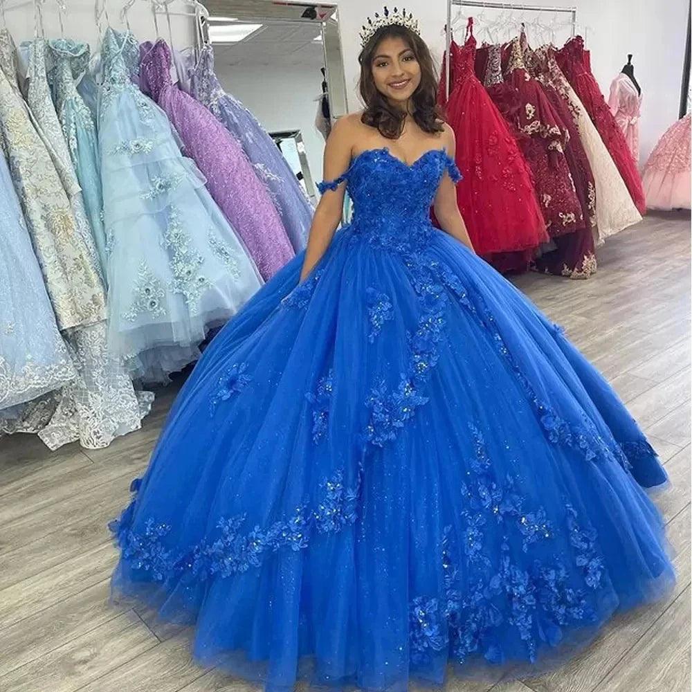 Quince Dress | Royal Blue Off-Shoulder Ball Gown Quinceanera Dress Vestidos De 15 Anos Fashion 3D Flower Tulle Princess Party Gown Pink