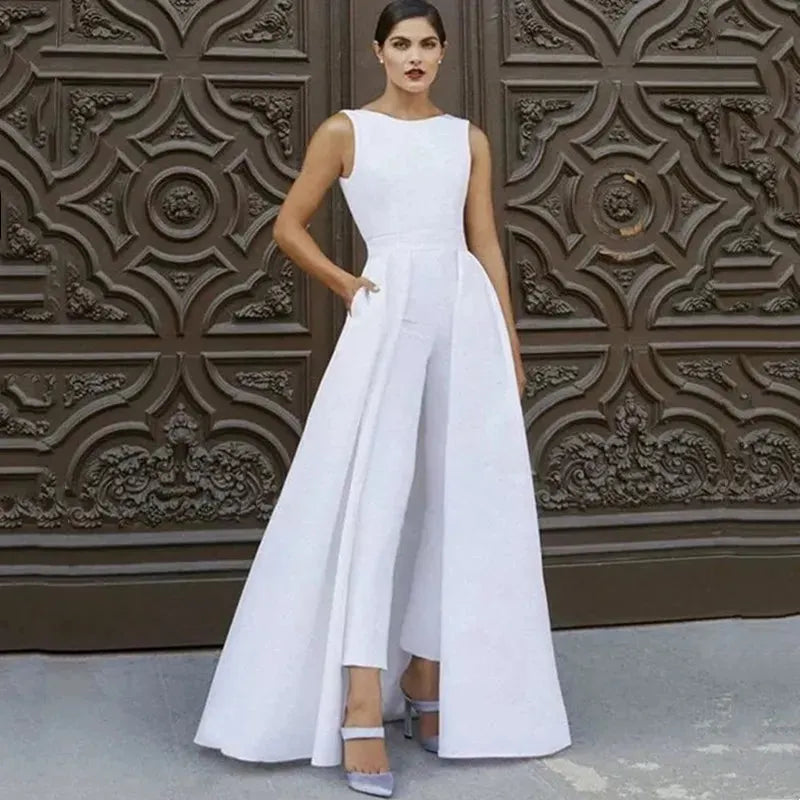 Elegant Wedding Jumpsuits For Bride With Skirt Pockets A-Line Bridal Pants Sleeveless Satin Vestido De Novia wedding dress White Floor Length