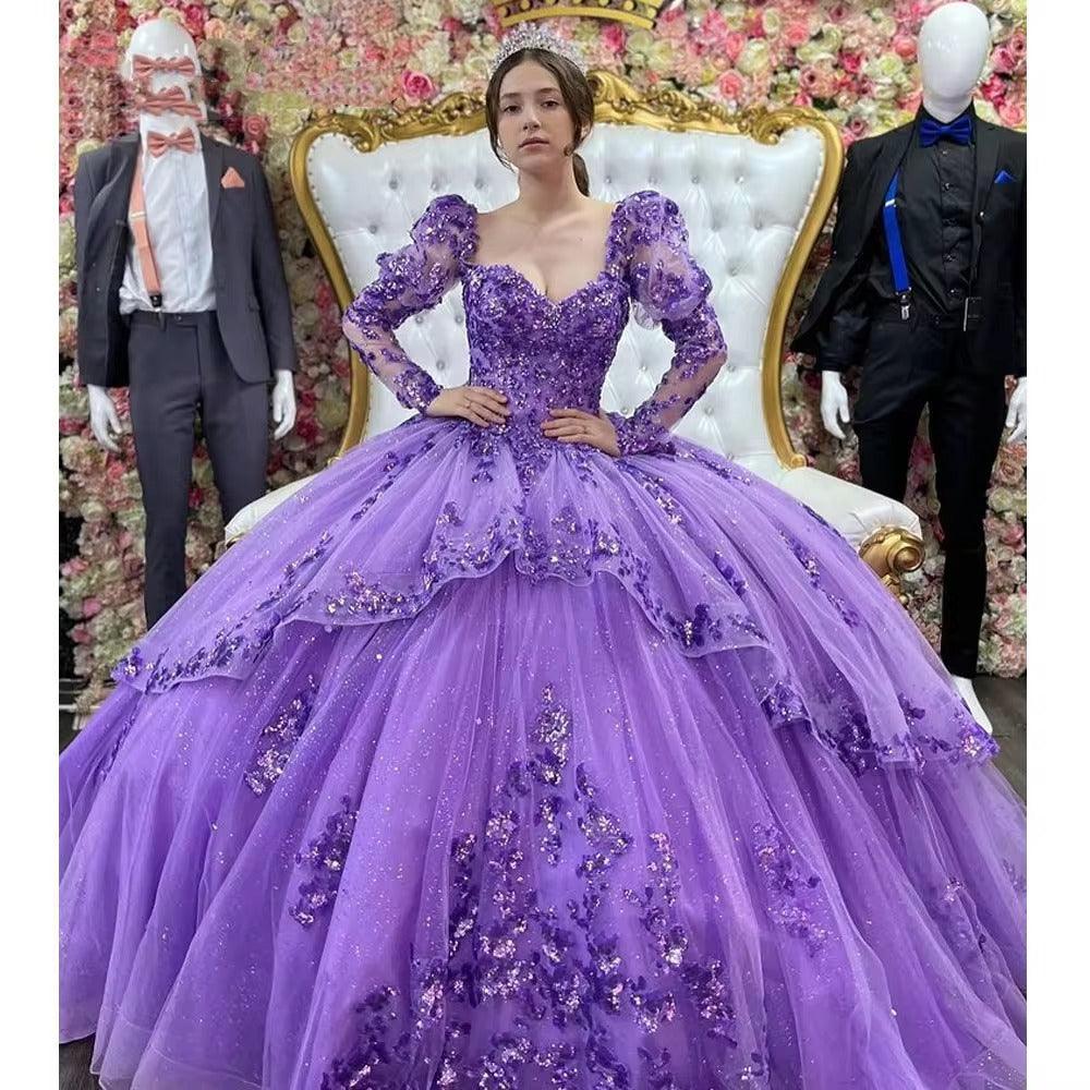 Quince Dress | Shiny Beading Quinceanera Dresses Long Sleeves Vestidos De 15 Años Glitter Tulle Formal Prom Princess Birthday Gown