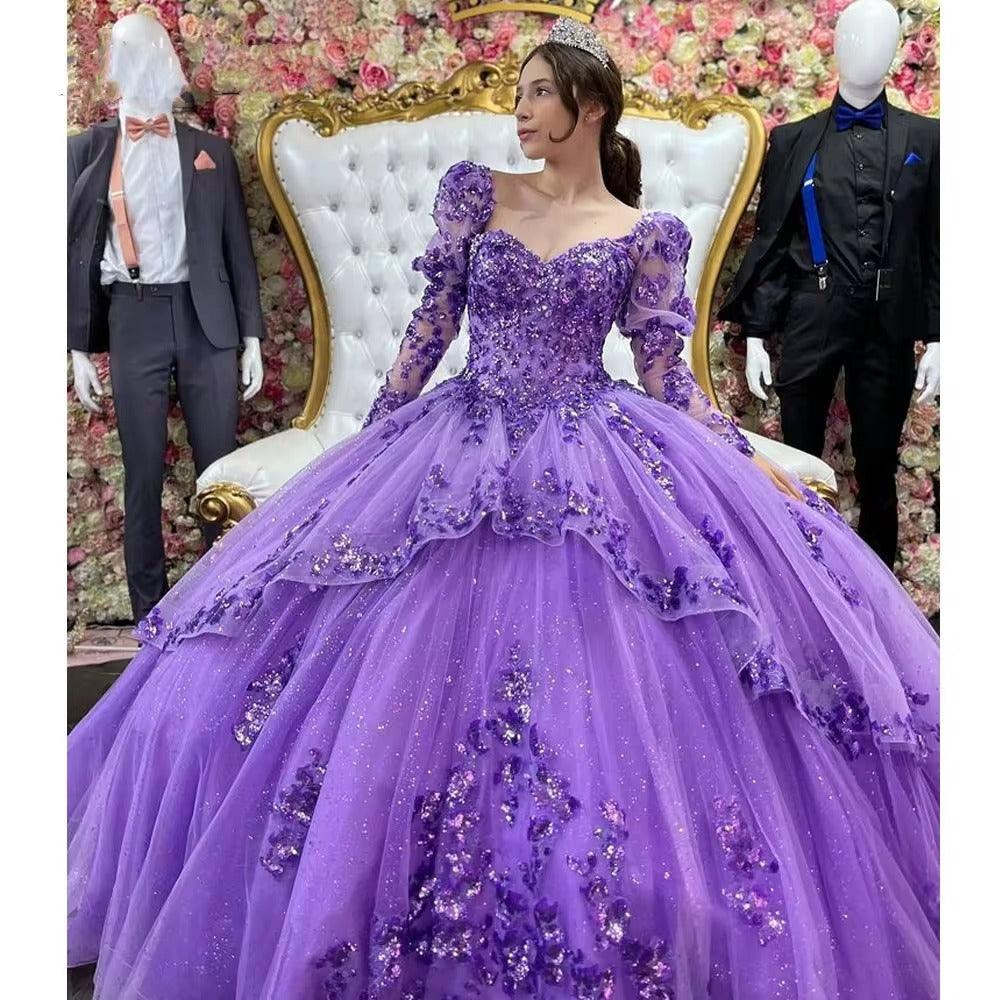 Quince Dress | Shiny Beading Quinceanera Dresses Long Sleeves Vestidos De 15 Años Glitter Tulle Formal Prom Princess Birthday Gown