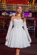 Short Wedding Dress with a Full Skirt and a Zippered Back Vestido De Novia Mermaid Princess Court Train White Sleeves Bridal Gowns Satin Modern Satin