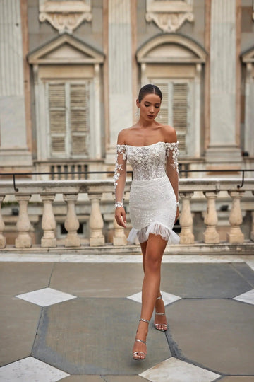 Short Wedding Dress with Off-the-Shoulder Long Sleeves and a Detachable A-Line Skirt with train Vestido De Novia Mermaid Princess Court Train Satin Modern White Sleeves Bridal Gowns Satin