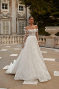 Short Wedding Dress with Off-the-Shoulder Long Sleeves and a Detachable A-Line Skirt with train Vestido De Novia Mermaid Princess Court Train Satin Modern White Sleeves Bridal Gowns Satin
