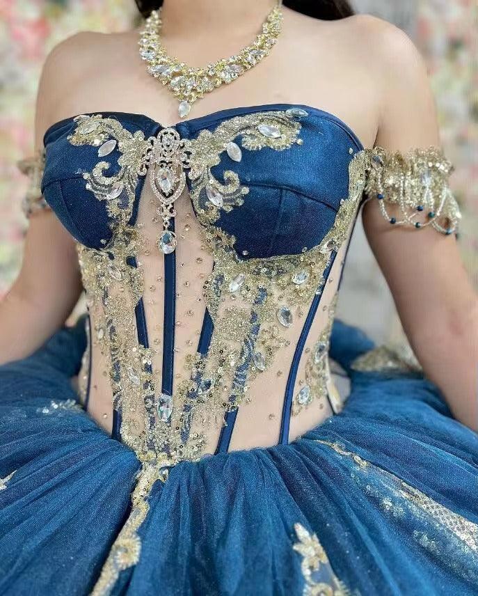 Quince Dress | Shiny Navy Blue Quinceanera Dresses Gold Lace Appliques Vestidos De 15 Anos Princess Cinderella Birthday Party navy blue