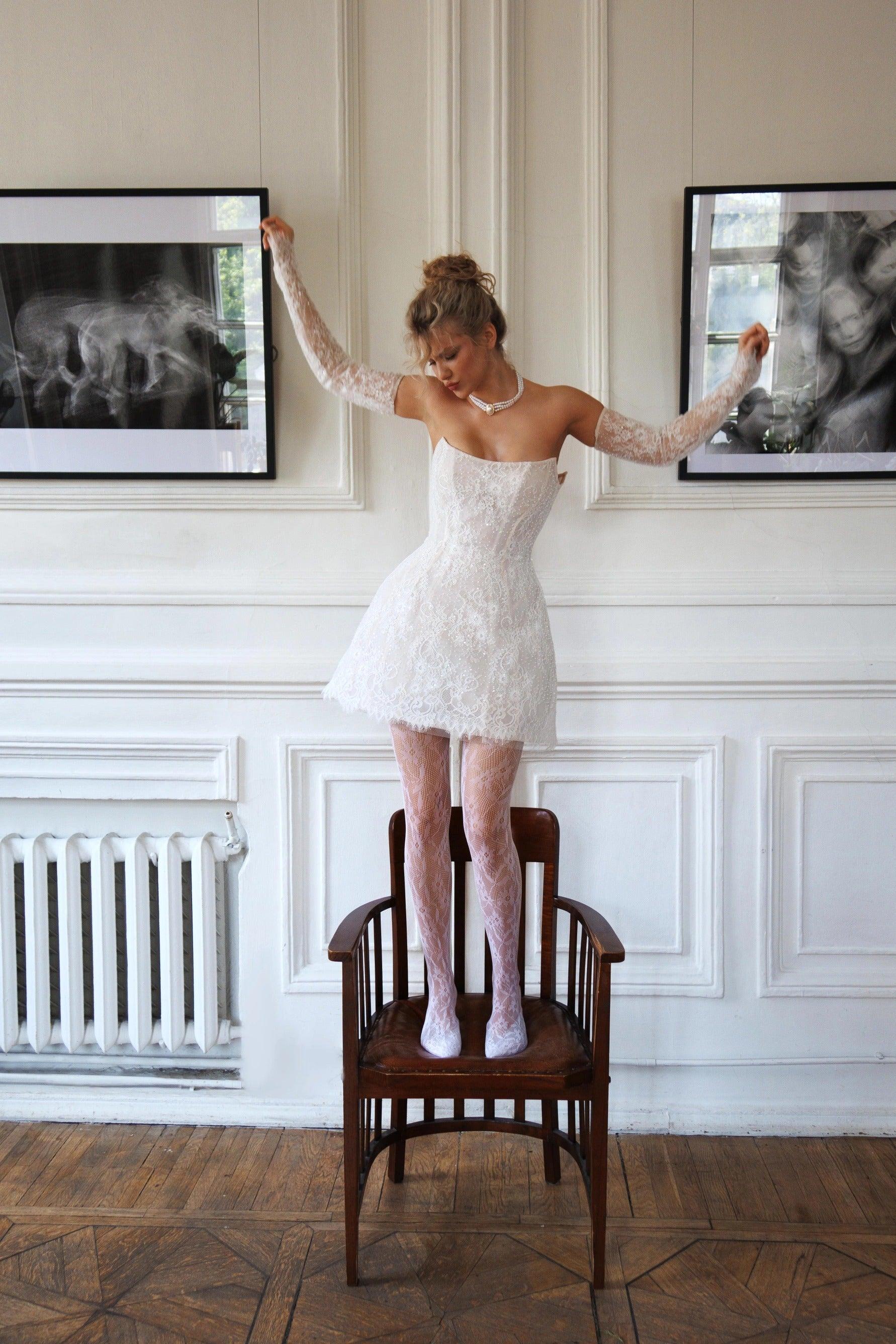 Short Wedding Dress with Long Detachable Sleeves Vestido De Novia White Satin Bridal Gowns Bow Satin Court Train Mermaid Sleeves Modern Princess Mermaid Satin