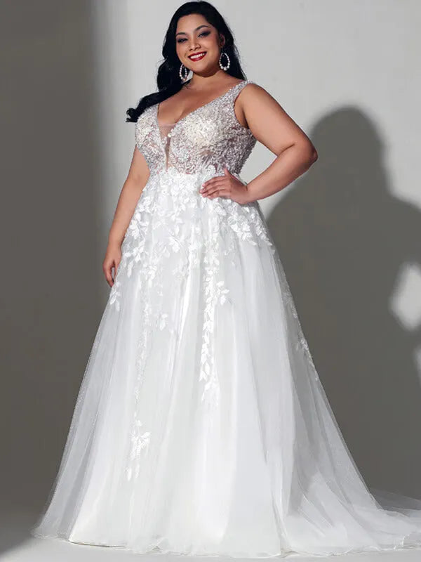 Lace Boho Wedding Dresses For Plus Size Women Bride Sleeveless A Line Ivory V Neck White Curve Bridal Gown Boho Plus Size