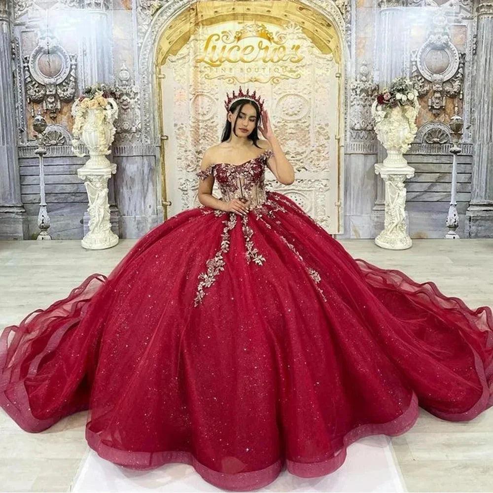 Quince Dress | Shiny Burgundy Quinceanera Dresses Beading Lace Vestidos De 15 Anos Off-Shoulder Formal Birthday Party Corset picture burgundy