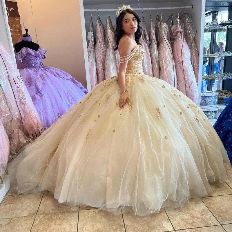 Quince Dress | Shiny Champagne Quinceanera Dresses Luxury Birthday Party Ball Gown Sweetheart Beading Appliques Corset Court Train champagne