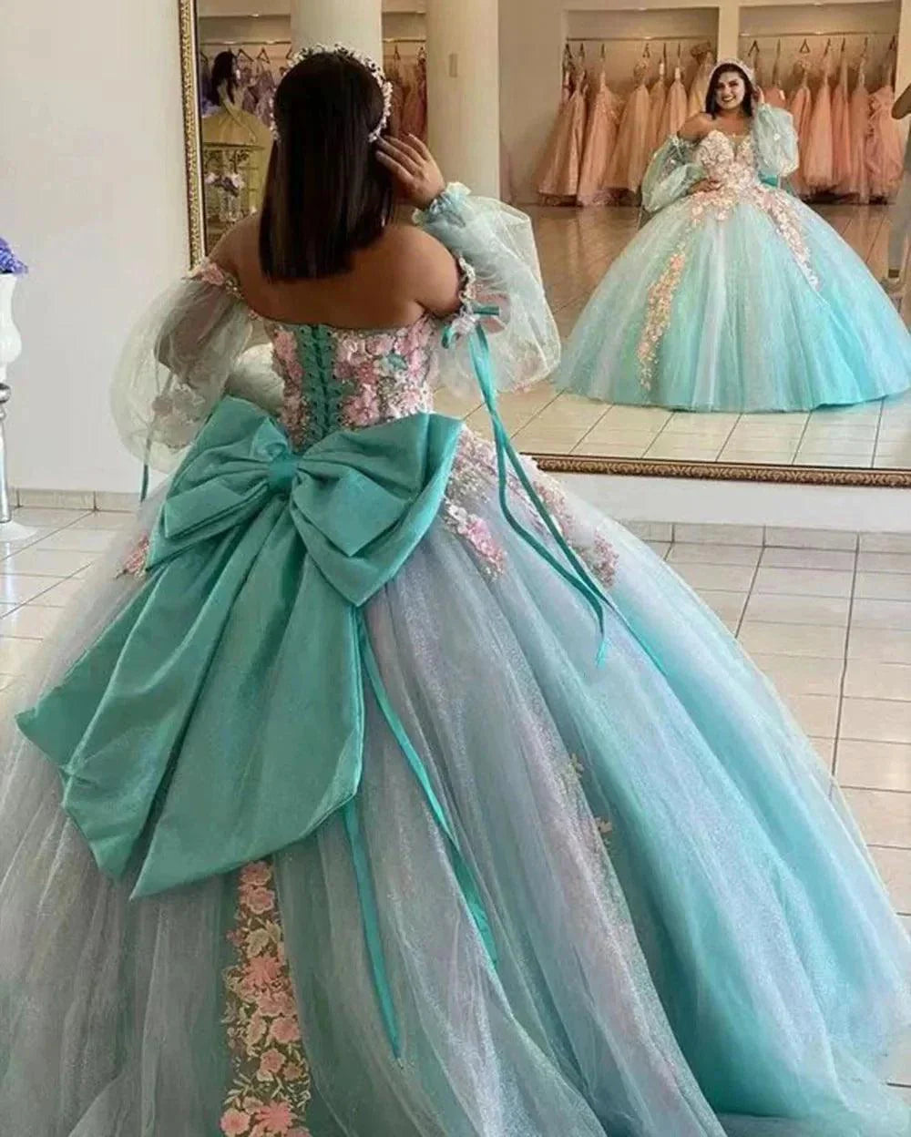 Quince Dress | Glittering Quinceanera Dresses With Bow 3D Flower Lace Sleeves Vestidos De 15 Anos Formal Princess Birthday Party