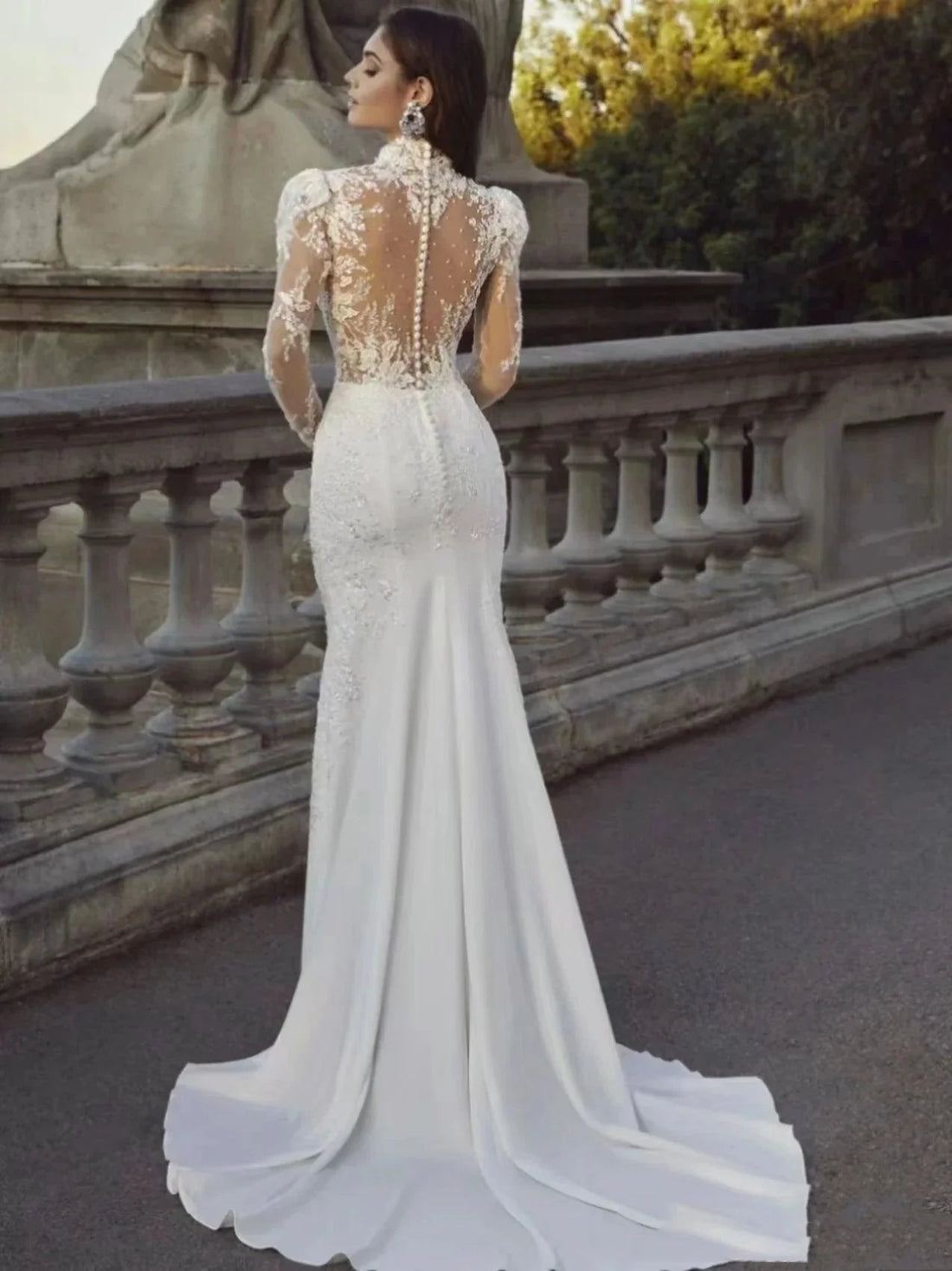 Exquisite Wedding Dresses With Detachable Train Satin Mermaid Lace Appliques Bridal Gown High Neck Long Sleeve Vestidos De Novia Mermaid