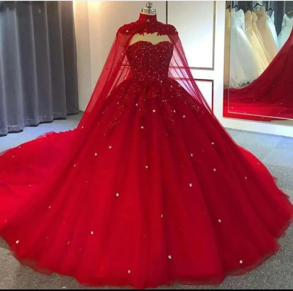 Quince Dress | Luxury Quinceanera Dresses With Cape Beading Crystals Vestidos De 15 Anos Princess Birthday Party Ball Gown Corset Red