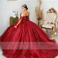 Quince Dress | Glittering Burgundy Quinceanera Dresses Party Gowns Vestidos De 15 Anos Sexy Puffly Sleeves Applique Birthday