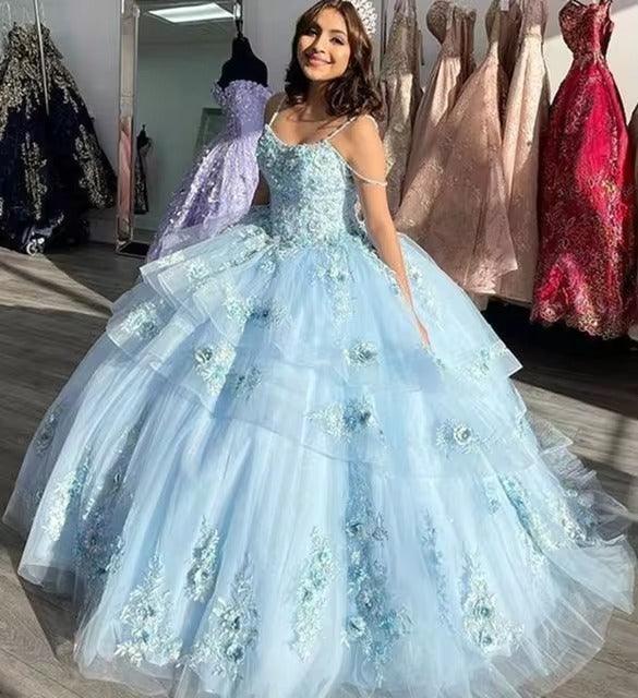 Quince Dress | Light Blue Flower Appliques Ball Gown Quinceanera Dresses Off-shoulder Vestidos De 15 Años Corset Back