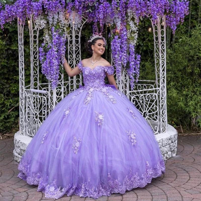 Quince Dress | Lavender 3D Flower Quinceanera Dresses with Big Bow Beading Lace Cinderella Princess Ball Gowns Vestidos De 15 Anos As Picture