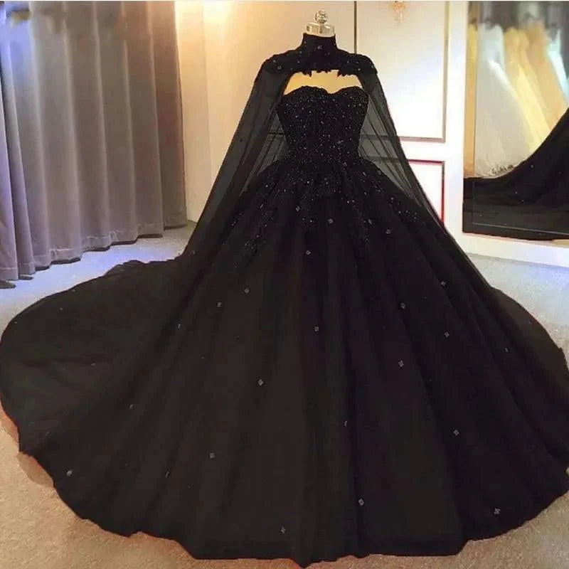 Quince Dress | Luxury Quinceanera Dresses With Cape Beading Crystals Vestidos De 15 Anos Princess Birthday Party Ball Gown Corset Black
