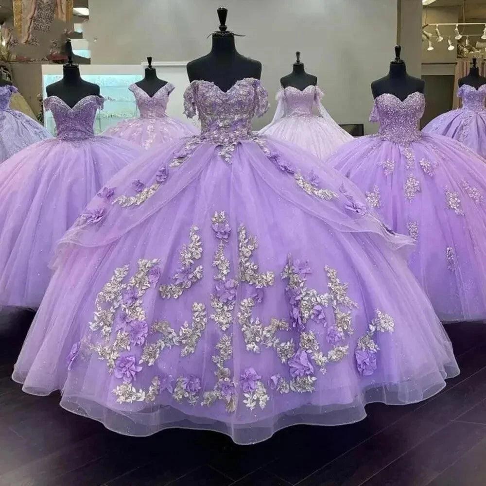 Quince Dress | Shiny Lilac Quinceanera Dresses 3D Flowers Beading Sliver Lace Vestidos De 15 Anos Birthday Party Prom Ball Gown picture lilac
