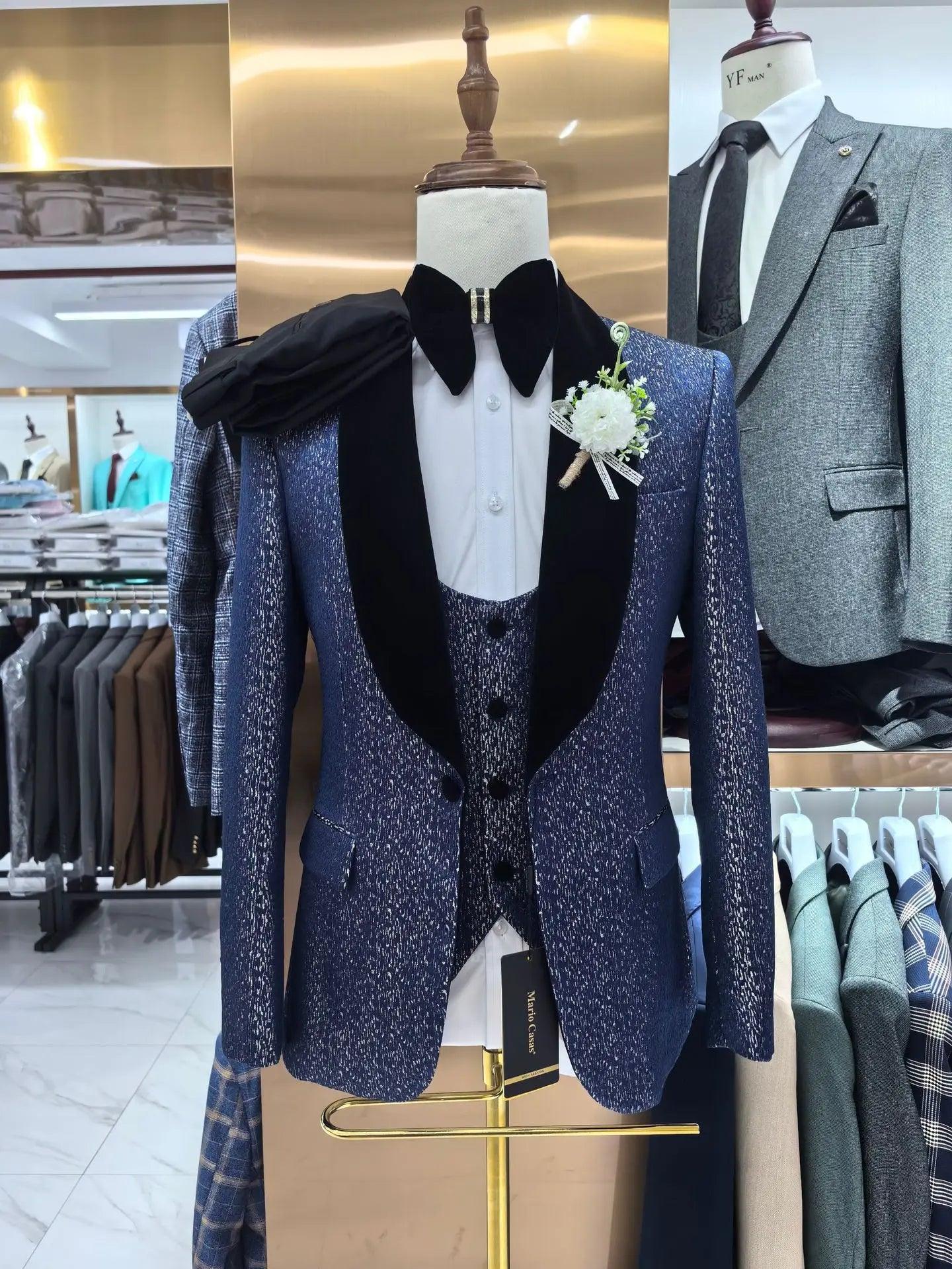 Fashion Boutique Men Leisure Business Suits Trousers Waistcoat / Male Flower Suit Blazers Jacket Coat Vest Pants 3 Pieces Sets Dark Blue