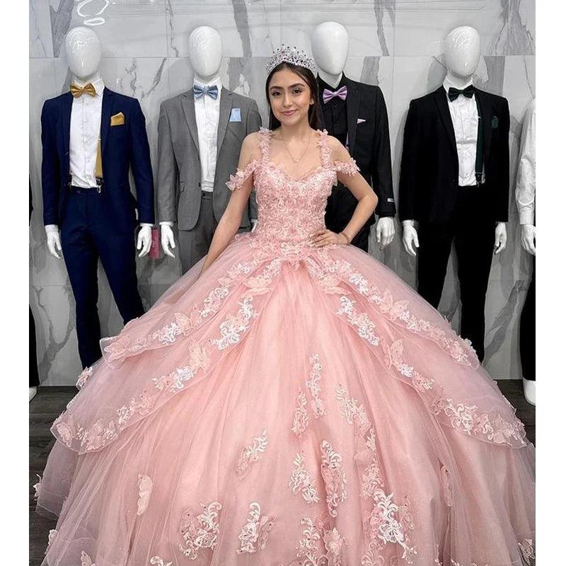 Quince Dress | Pink Quinceanera Dresses Off-Shoulder Beaded Flowers Appliques Vestidos De 15 Anos Formal Prom Birthday Party Gown picture pink