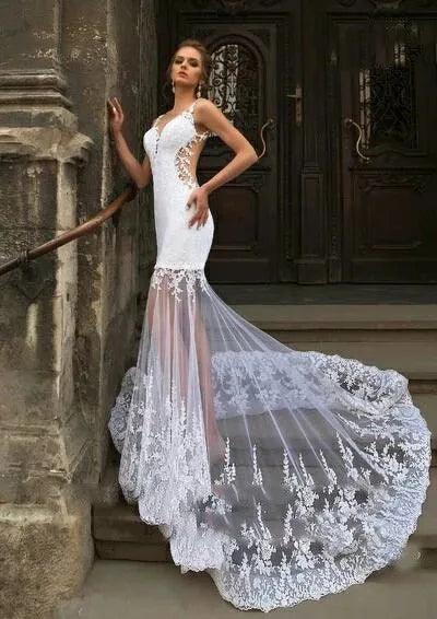 Graceful White Mermaid Wedding Dresses Detachable Train 3 in 1 Lace Applique Sheer Neck Bridal Gown Backless Robe De Mariée Mermaid