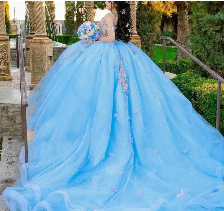 Quince Dress | Light Blue Quinceanera Dresses Off-Shoulder Flower Beading Lace Appliques Vestidos De 15 Anos Formal Birthday Party light blue