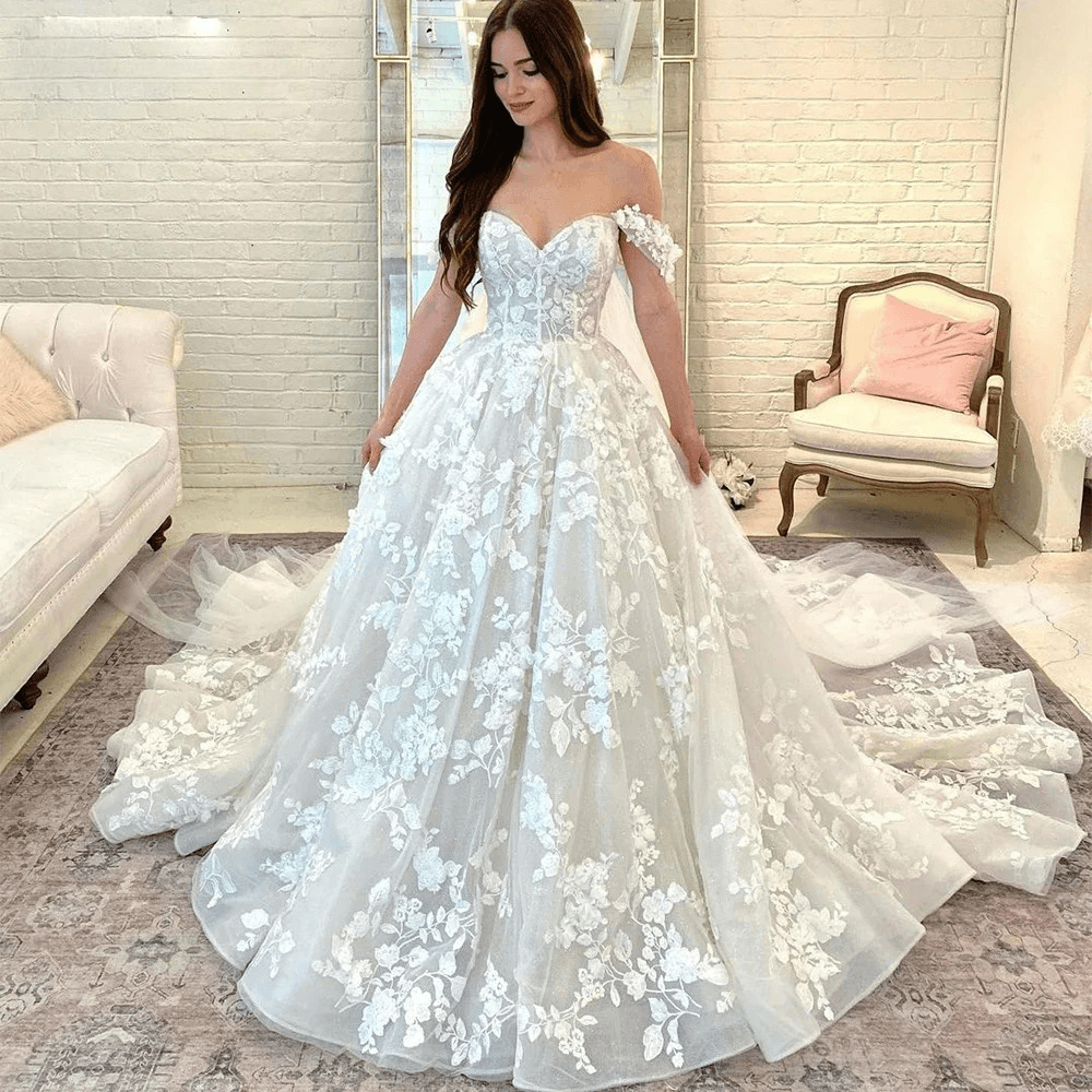 Princess Boho Wedding Dresses For Women Off the Shoulder Sweetheart Lace Appliques Bridal Gown Ball Gown Ivory