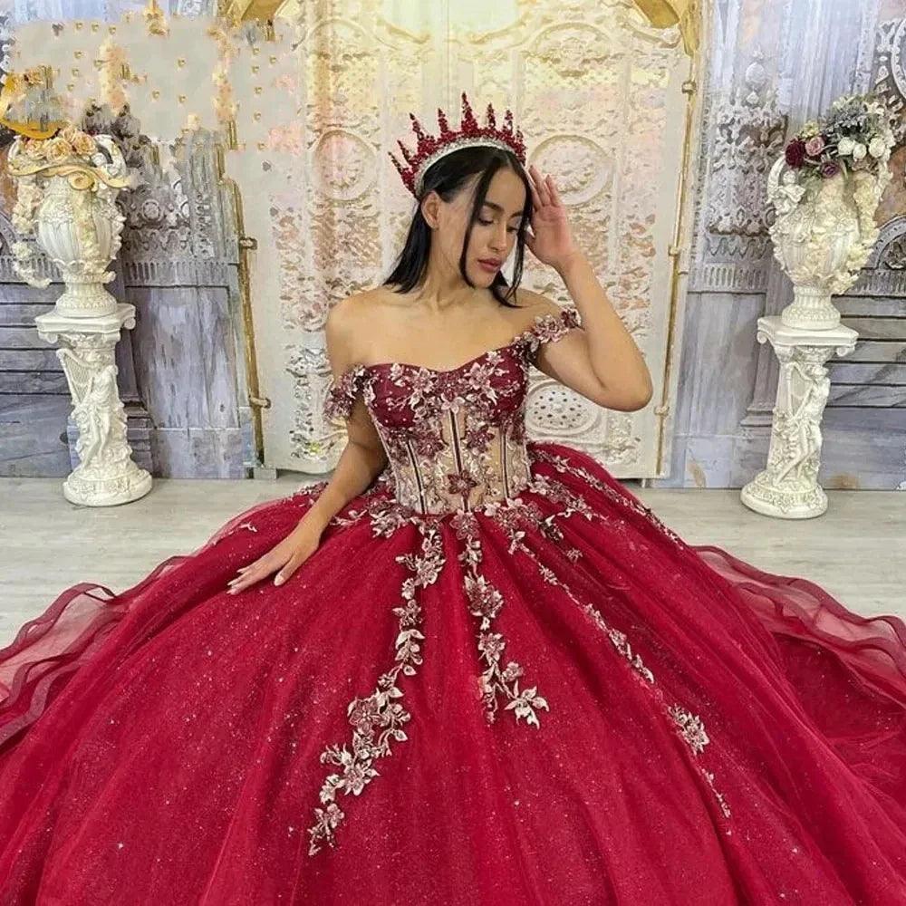 Quince Dress | Shiny Burgundy Quinceanera Dresses Beading Lace Vestidos De 15 Anos Off-Shoulder Formal Birthday Party Corset picture burgundy