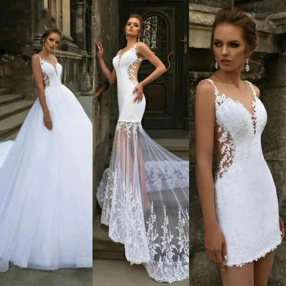 Graceful White Mermaid Wedding Dresses Detachable Train 3 in 1 Lace Applique Sheer Neck Bridal Gown Backless Robe De Mariée Ivory 16W Mermaid