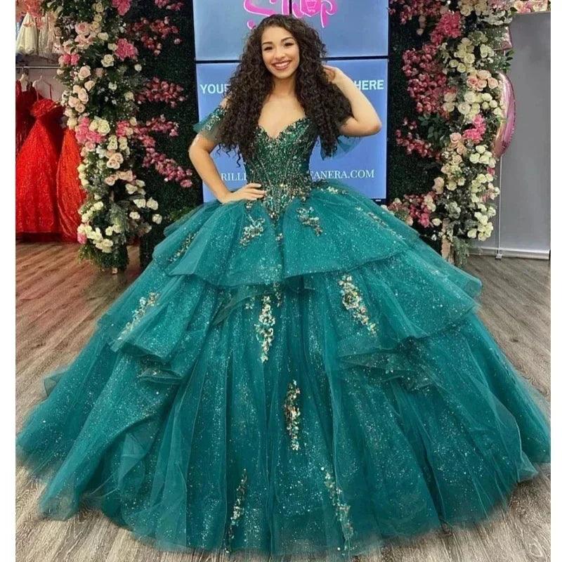 Quince Dress | Glittering Emerald Green Quinceanera Dresses Beading Lace Appliques Vestidos De 15 Anos Formal Birthday Party Prom Emerald Green