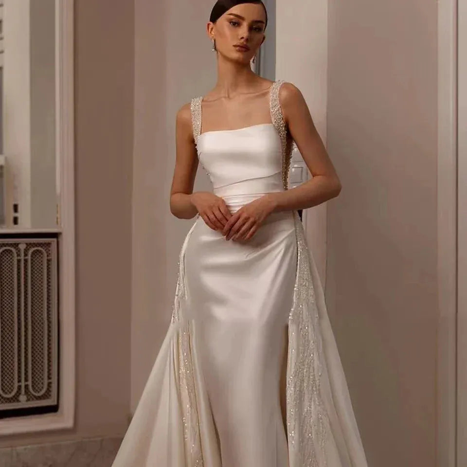 detachable 2 In 1 Mermaid Wedding Dress Bead Organza With Embroidery Sweetheart Back Backless Bride Sleeveless Vestido De Novia Satin