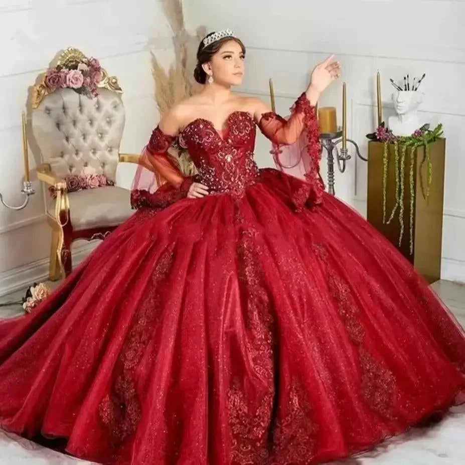 Quince Dress | Glittering Burgundy Quinceanera Dresses Party Gowns Vestidos De 15 Anos Sexy Puffly Sleeves Applique Birthday burgundy