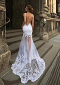 Graceful White Mermaid Wedding Dresses Detachable Train 3 in 1 Lace Applique Sheer Neck Bridal Gown Backless Robe De Mariée Mermaid