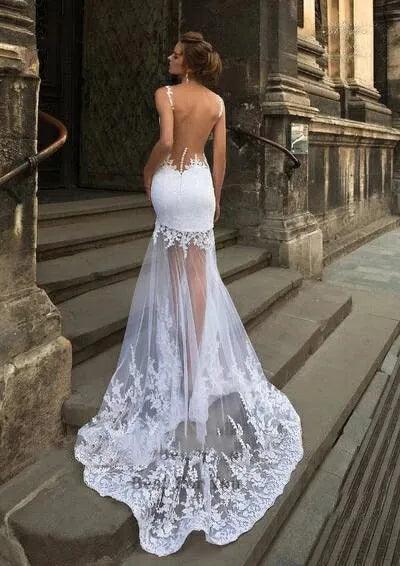 Graceful White Mermaid Wedding Dresses Detachable Train 3 in 1 Lace Applique Sheer Neck Bridal Gown Backless Robe De Mariée Mermaid