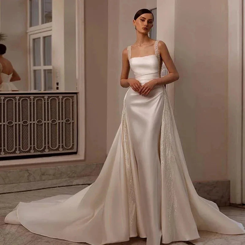 detachable 2 In 1 Mermaid Wedding Dress Bead Organza With Embroidery Sweetheart Back Backless Bride Sleeveless Vestido De Novia Train 2 In 1 50cm Satin