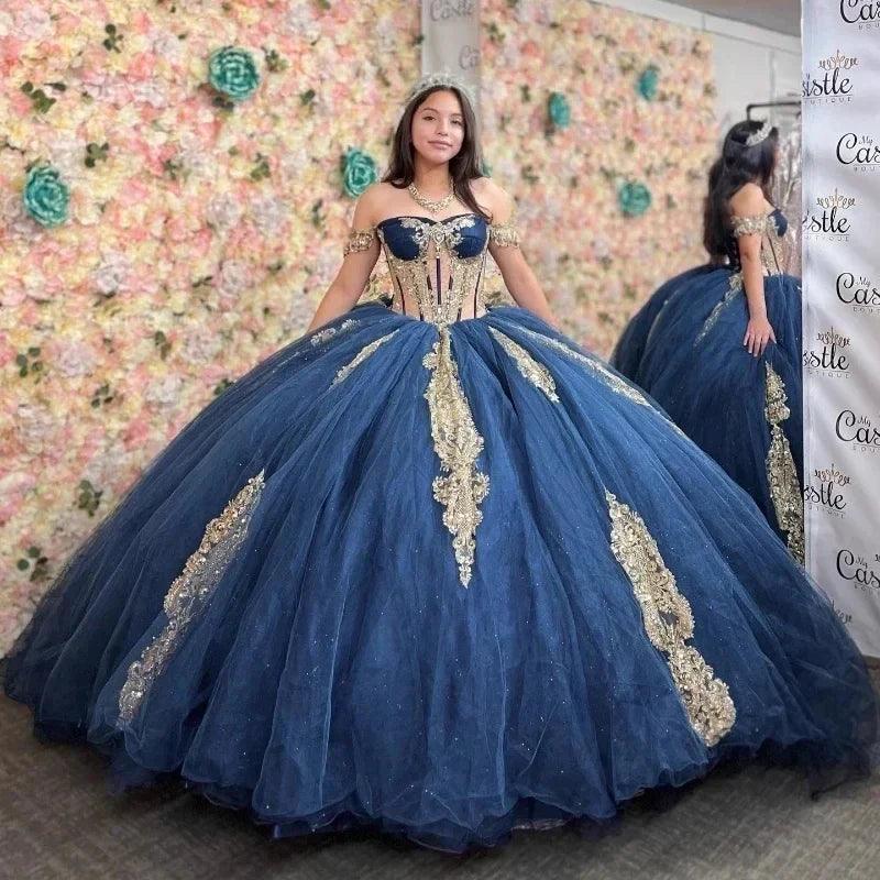Quince Dress | Shiny Navy Blue Quinceanera Dresses Gold Lace Appliques Vestidos De 15 Anos Princess Cinderella Birthday Party navy blue