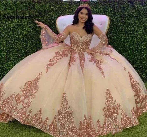 Quince Dress | Sweetheart Quinceanera Dresses For 15 Party Detachable Sleeves Applique Formal Birthday Princess Gowns HOT champagne