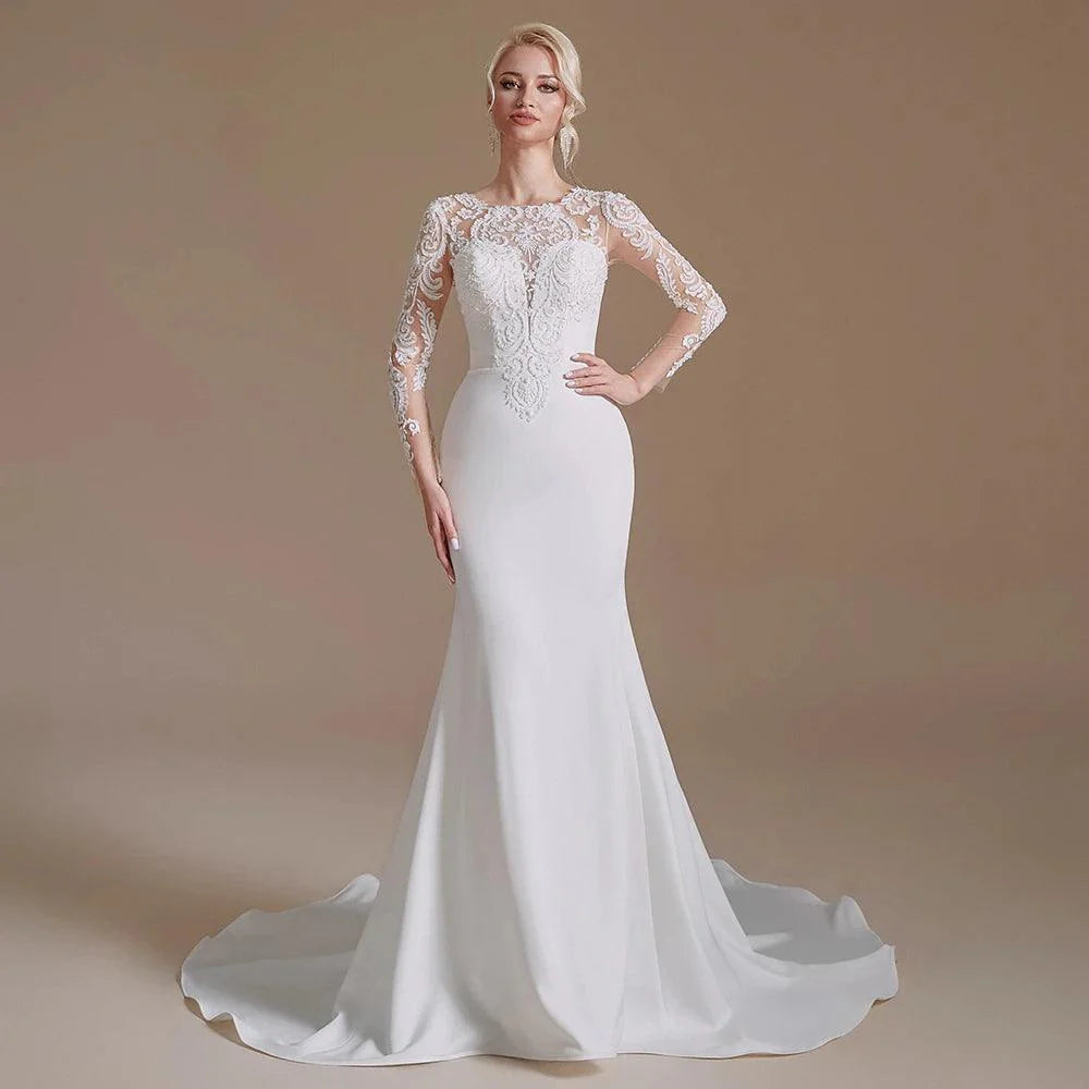 Customized Stretchy Spandex Wedding Dress Long Sleeves Mermaid Lace Appliques Beaded Scoop Neck Bride Gown Ceremony Ivory