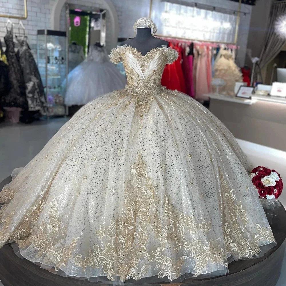 Quince Dress | Glittering Quinceanera Dresses Vestidos De Años Ivory Champagne Lace Princess Dress Birthday Party Gowns Corset ivory champagne