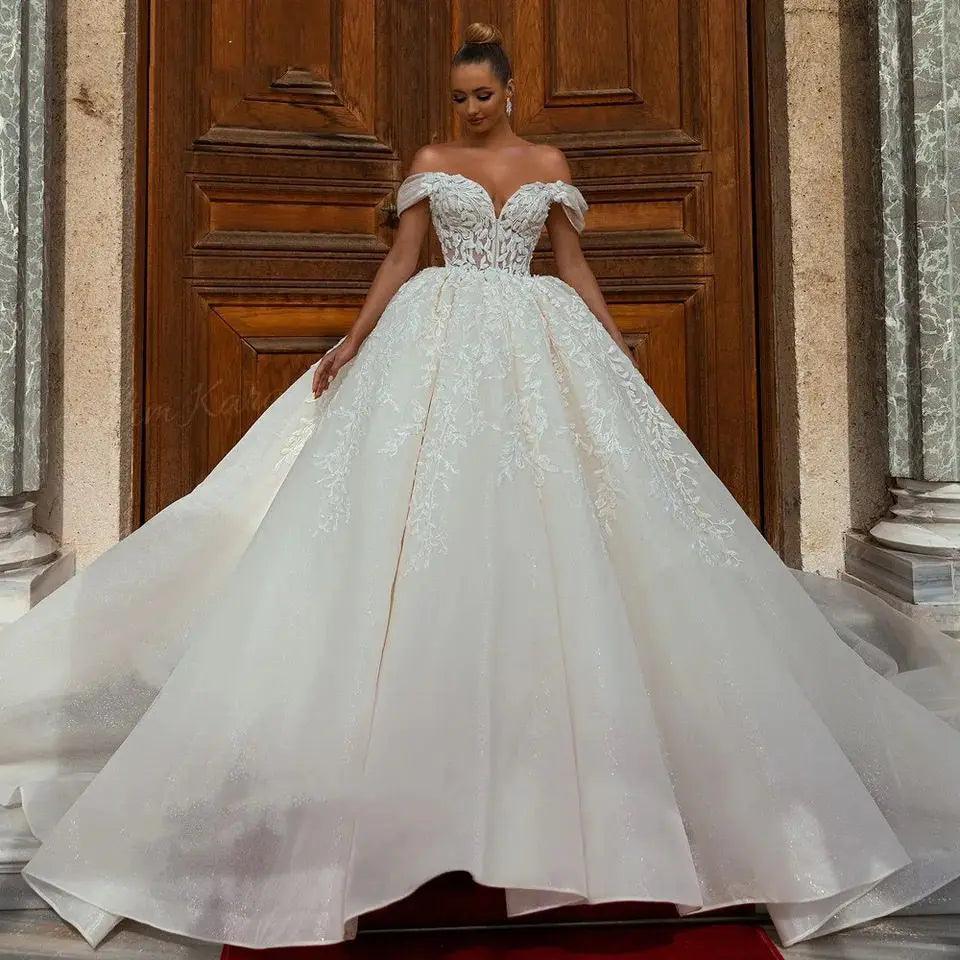 Princess Wedding Dress Sweetheart Shiny Court Train Sexy Off the Shoulder Bride Gown Plus Size Backless Vestido de Noiva black