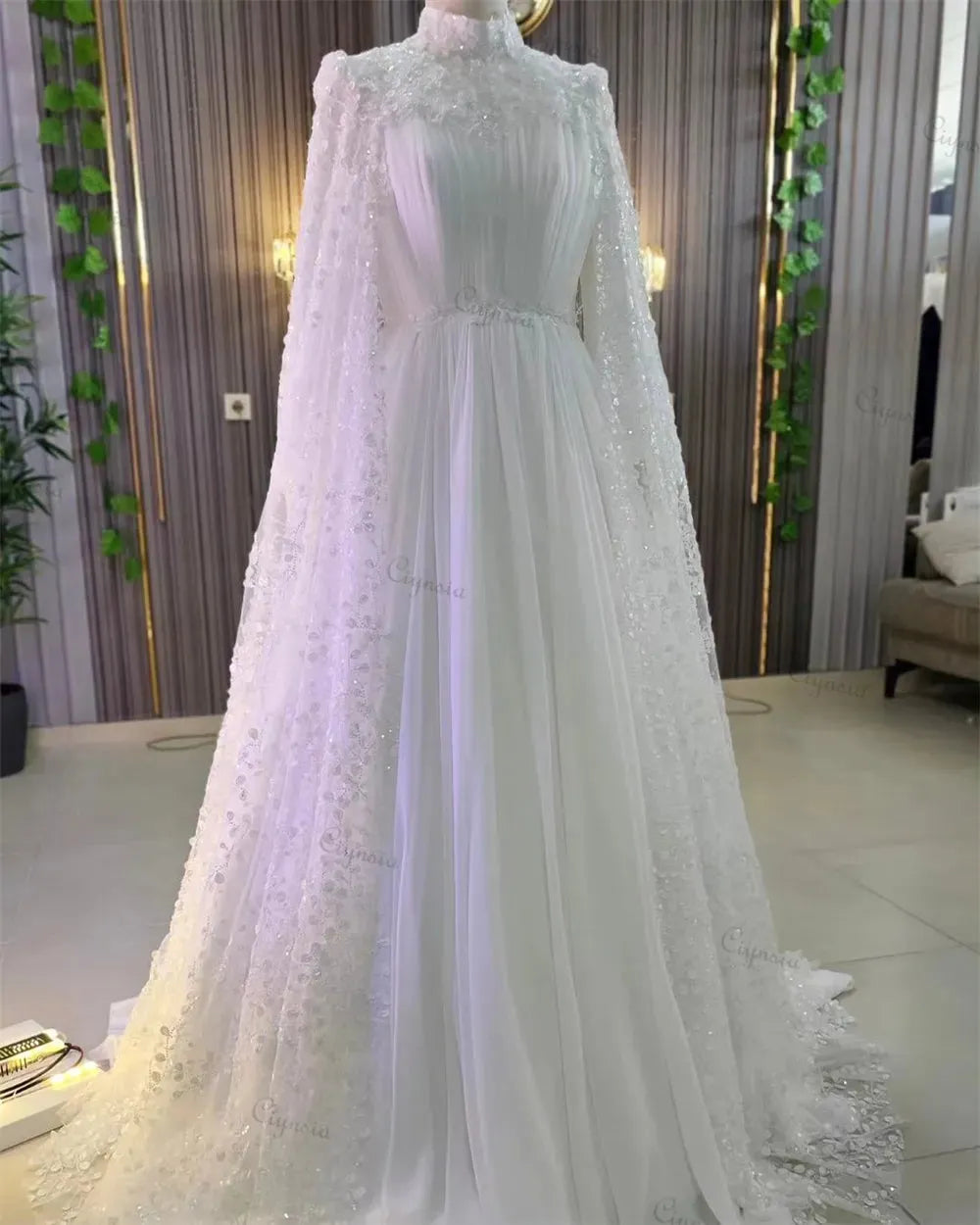 Dubai Muslim Luxury Wedding Dress Beading Lace A-Line High Neck Abito Da Sposa Chiffon Pleated Long Sleeve Bridal Gowns Ivory