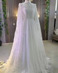 Dubai Muslim Luxury Wedding Dress Beading Lace A-Line High Neck Abito Da Sposa Chiffon Pleated Long Sleeve Bridal Gowns Ivory