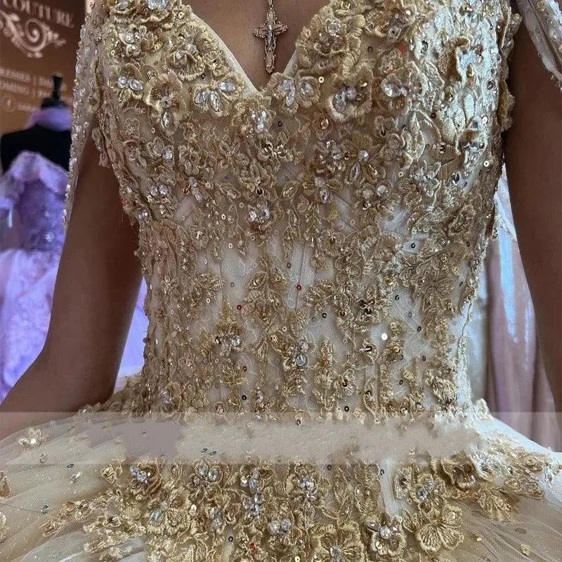 Quince Dress | Shiny Champagne Quinceanera Dresses Luxury Birthday Party Ball Gown Sweetheart Beading Appliques Corset Court Train