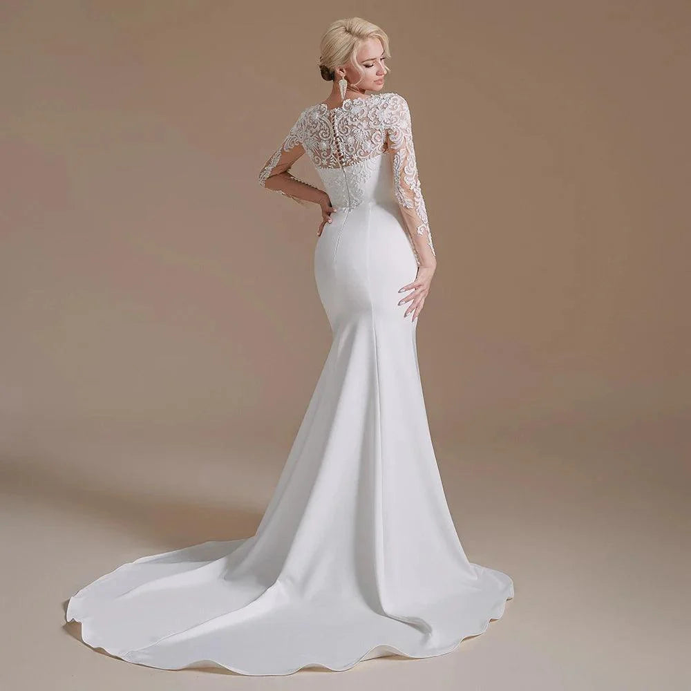 Customized Stretchy Spandex Wedding Dress Long Sleeves Mermaid Lace Appliques Beaded Scoop Neck Bride Gown Ceremony Ivory