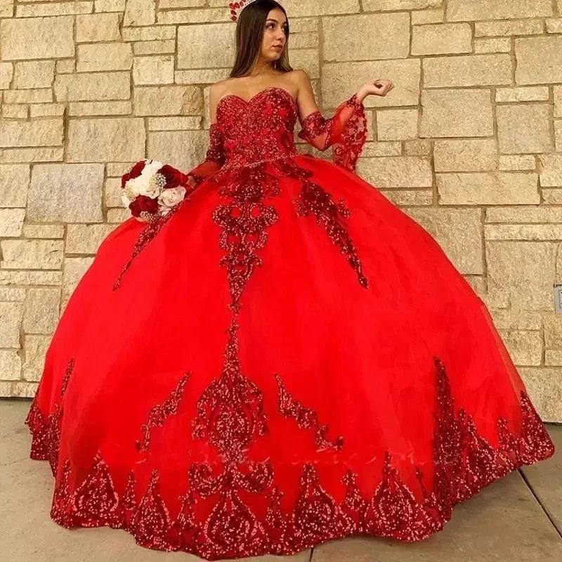 Quince Dress | Sweetheart Quinceanera Dresses For 15 Party Detachable Sleeves Applique Formal Birthday Princess Gowns HOT Red