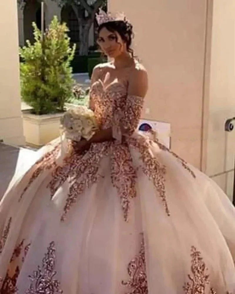 Quince Dress | Sweetheart Quinceanera Dresses For 15 Party Detachable Sleeves Applique Formal Birthday Princess Gowns HOT champagne