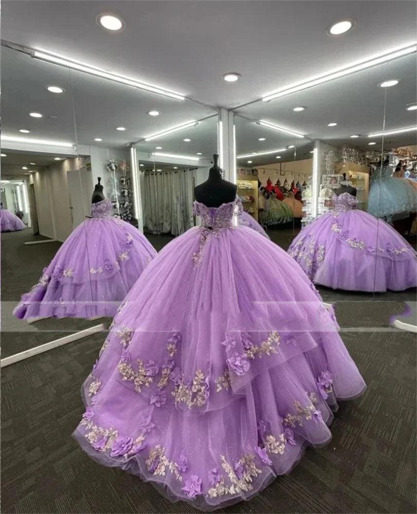 Quince Dress | Shiny Lilac Quinceanera Dresses 3D Flowers Beading Sliver Lace Vestidos De 15 Anos Birthday Party Prom Ball Gown picture lilac